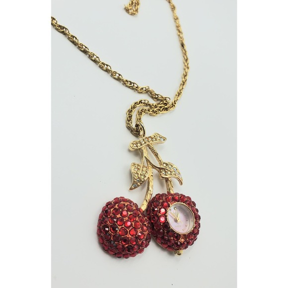 Suzanne Bjontegard Long Cherry Watch Necklace – Unworn Vintage – Red Rhinestones - Picture 6 of 8
